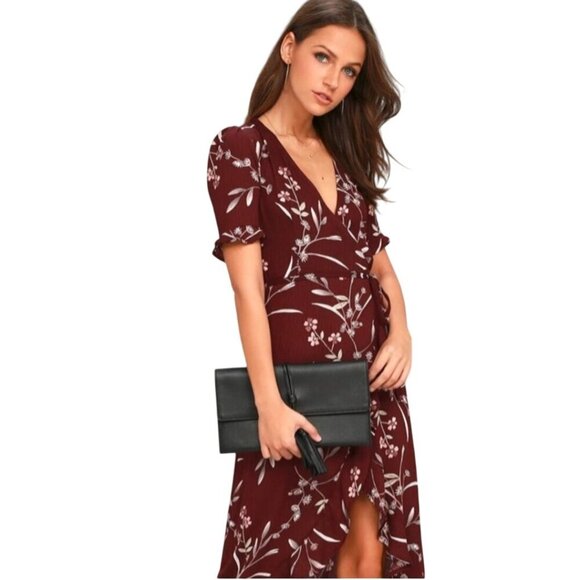 Lulus Wild Winds Burgundy Floral Print High Low Wrap Dress Size S - Picture 6 of 13